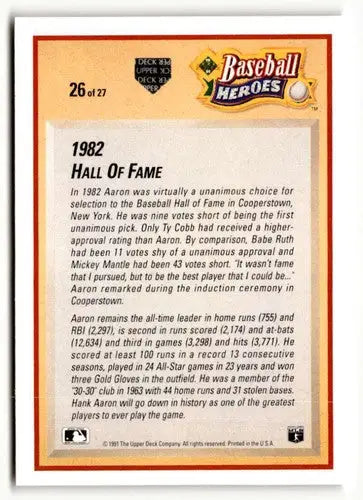 Hank Aaron baseball card back with original gloss from 1991 Upper Deck #26