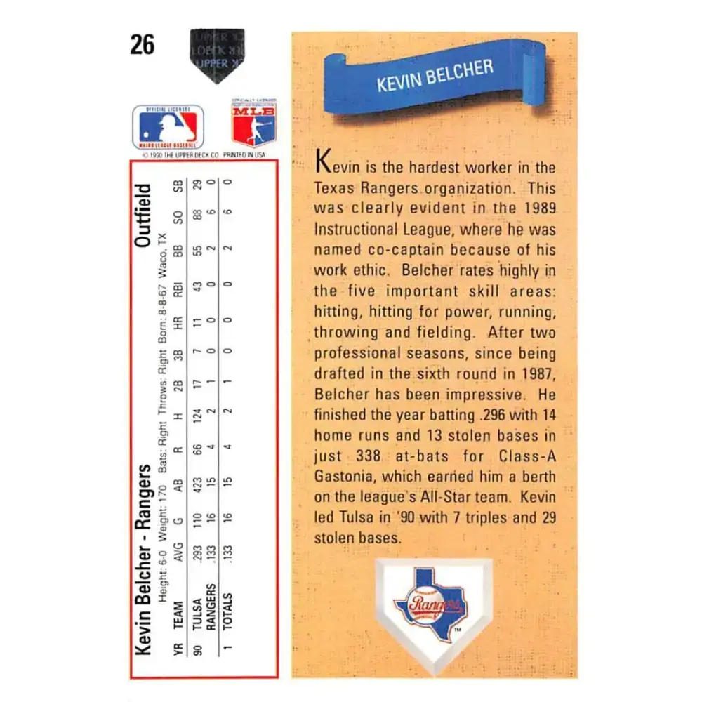 1991 Upper Deck #26 Kevin Belcher EX Excellent RC Rookie Texas Rangers Baseball Card - Baseball Card Single
