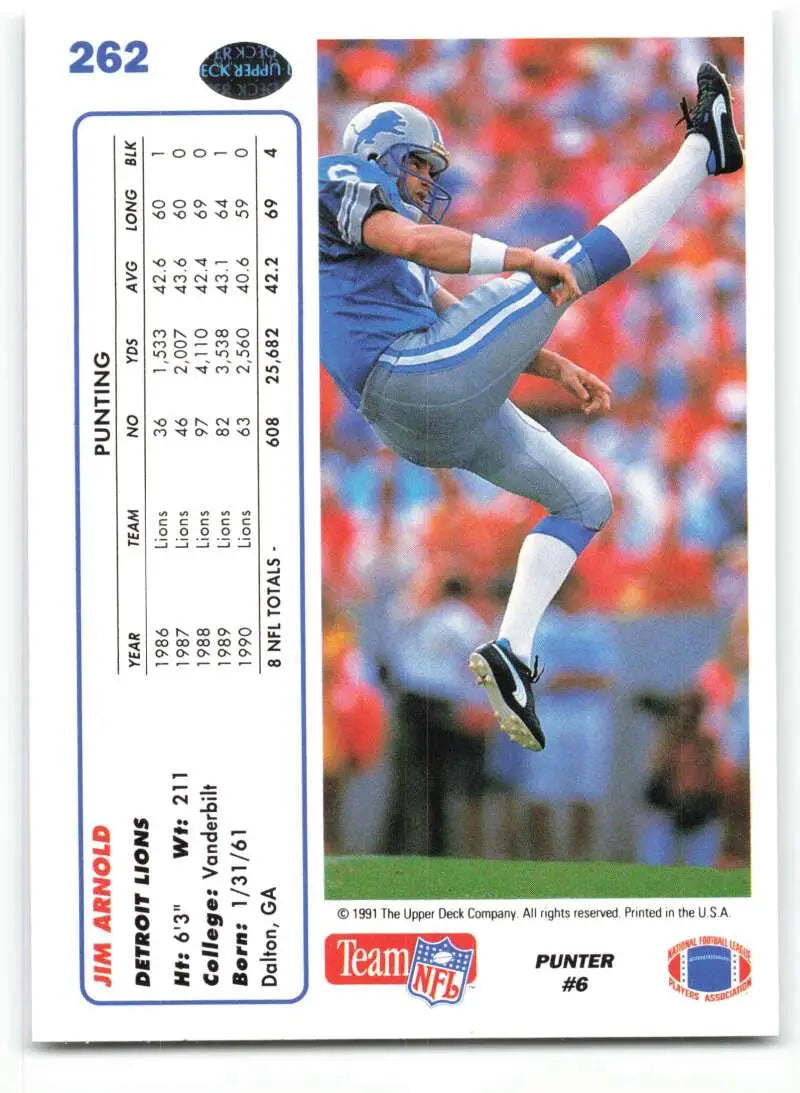 1991 Upper Deck #262 Jim Arnold NM-MT Detroit Lions Football Card - Football Card Single