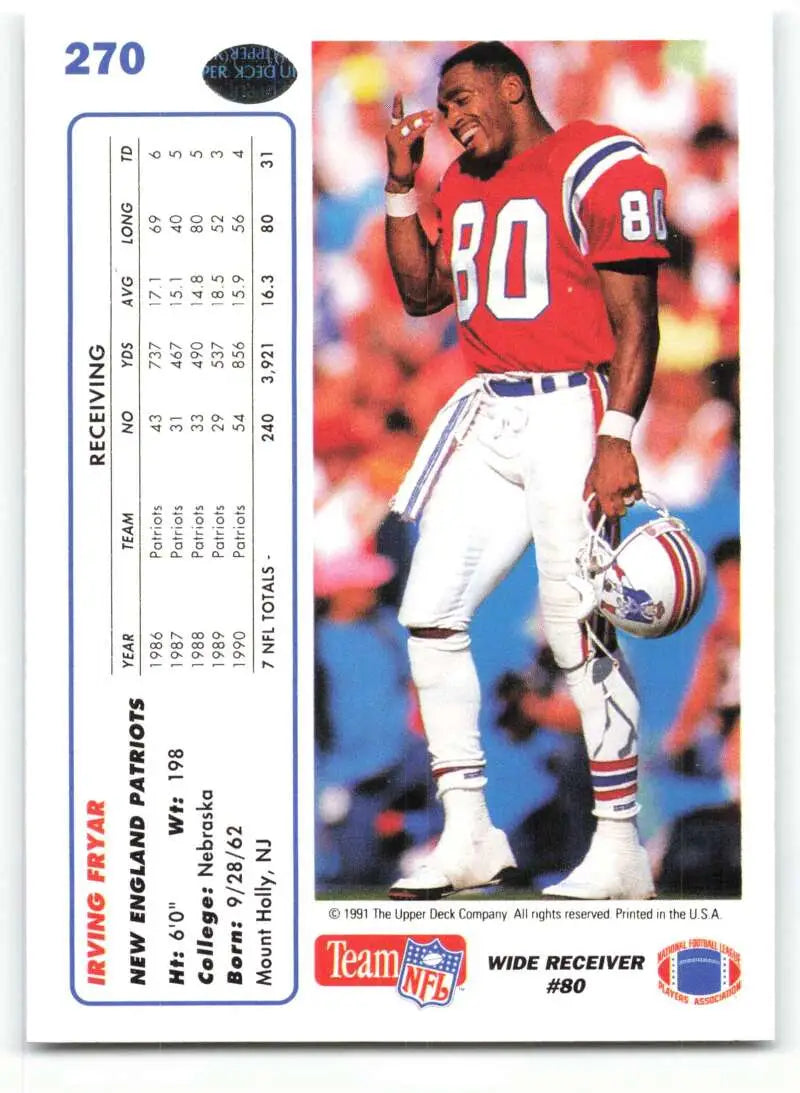 1991 Upper Deck #270 Irving Fryar NM-MT New England Patriots Football Card - Football Card Single