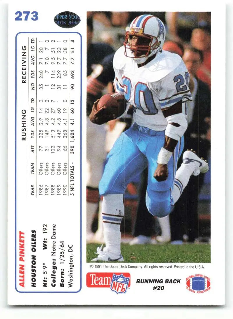 1991 Upper Deck #273 Allen Pinkett NM-MT Houston Oilers Football Card - Football Card Single