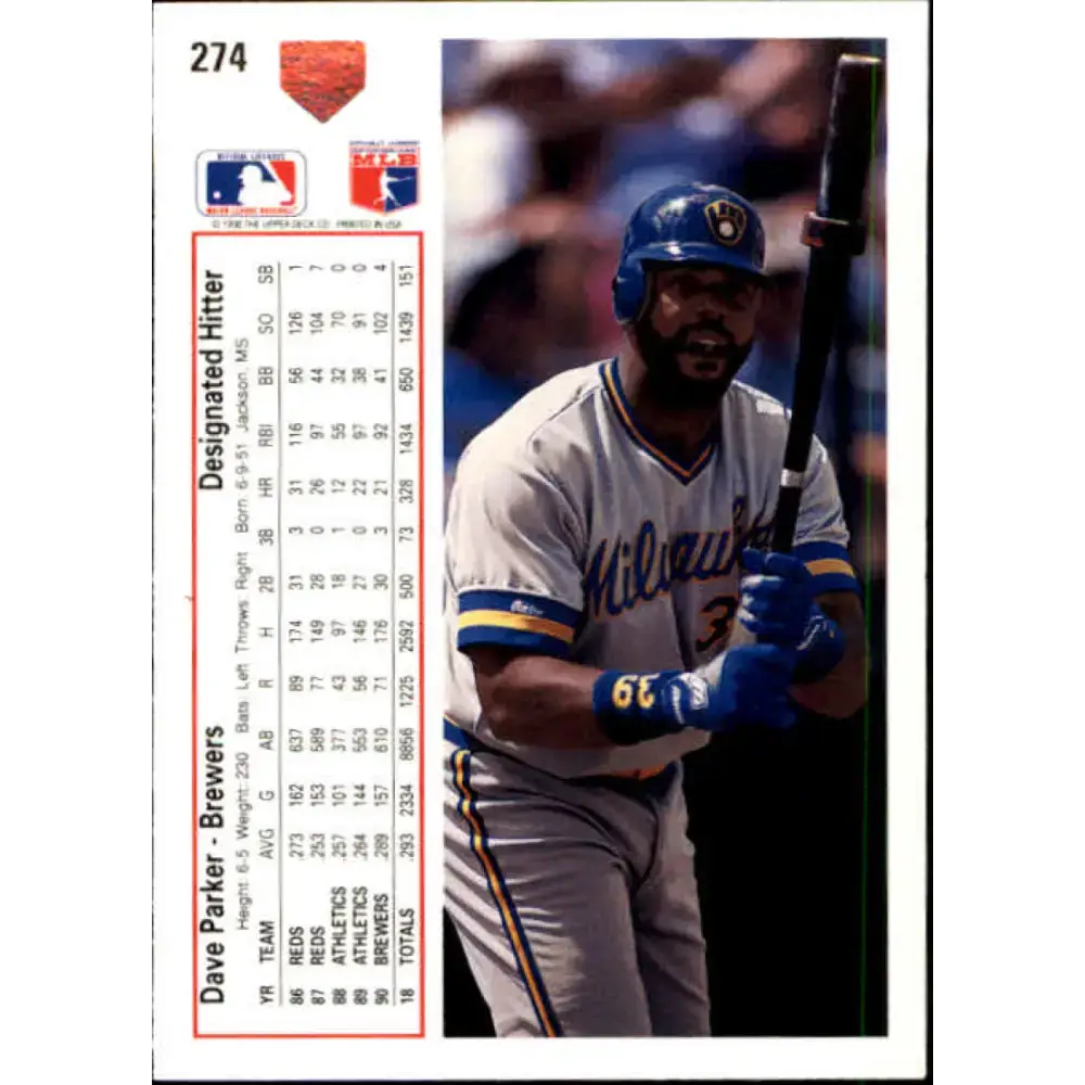 1991 Upper Deck #274 Dave Parker NM-MT Milwaukee Brewers Baseball Card - Baseball Card Single