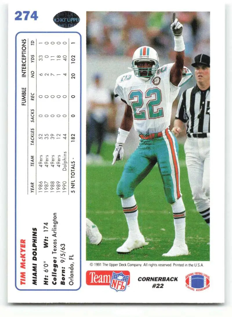 1991 Upper Deck #274 Tim McKyer NM-MT Miami Dolphins Football Card - Football Card Single