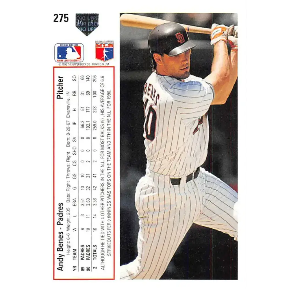 1991 Upper Deck #275 Andy Benes EX Excellent San Diego Padres Baseball Card - Baseball Card Single