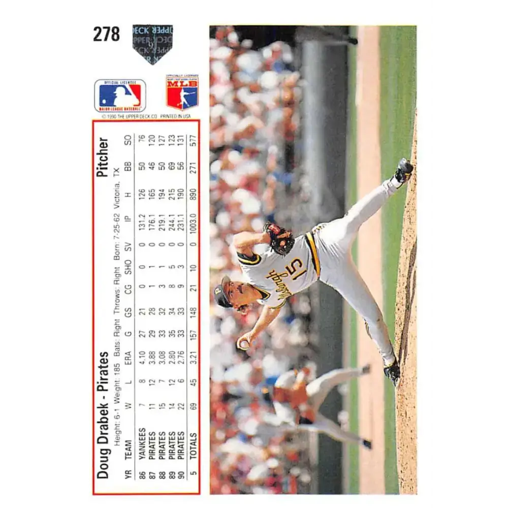 1991 Upper Deck #278 Doug Drabek EX Excellent Pittsburgh Pirates Baseball Card - Baseball Card Single
