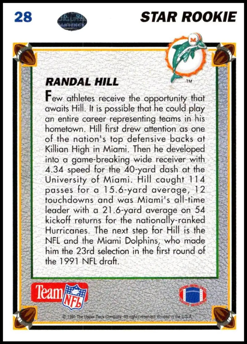 1991 Upper Deck #28 Randal Hill NM-MT RC Rookie Miami Dolphins Football Card - Football Card Single