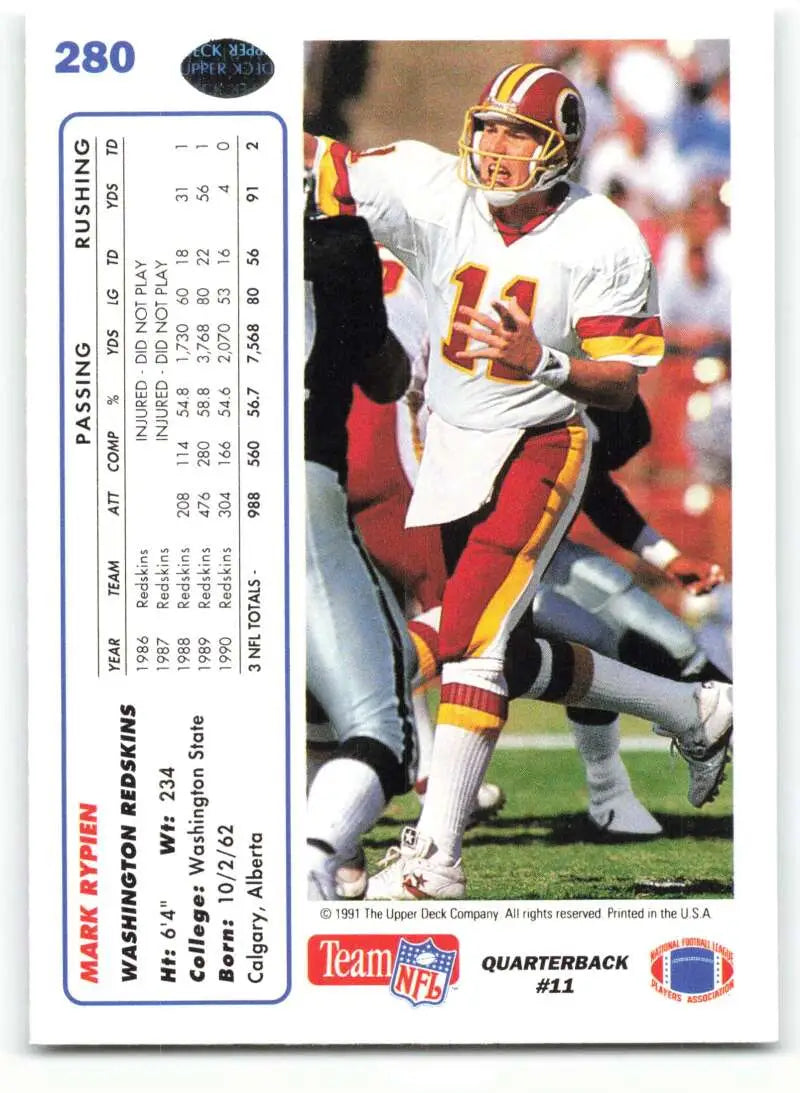 1991 Upper Deck #280 Mark Rypien NM-MT Washington Redskins Football Card - Football Card Single