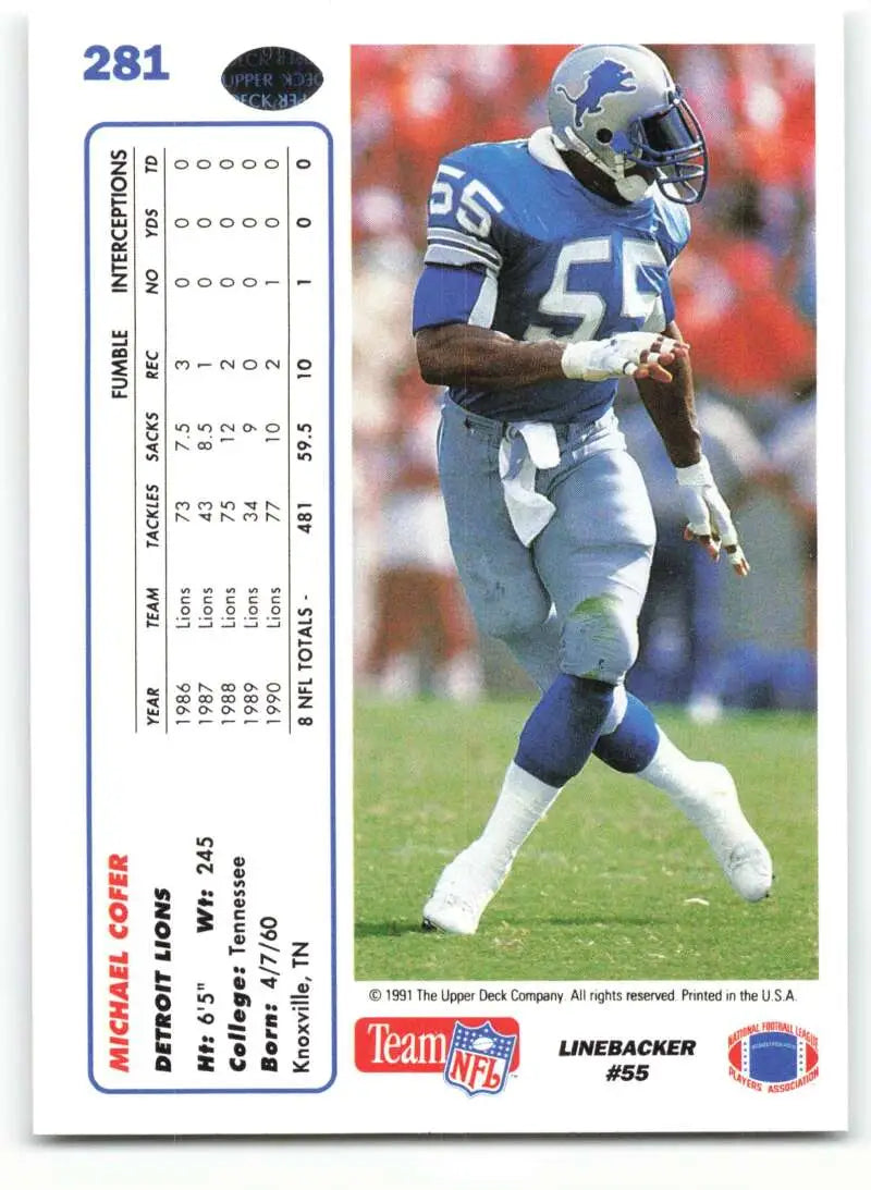 1991 Upper Deck #281 Michael Cofer NM-MT Detroit Lions Football Card - Football Card Single