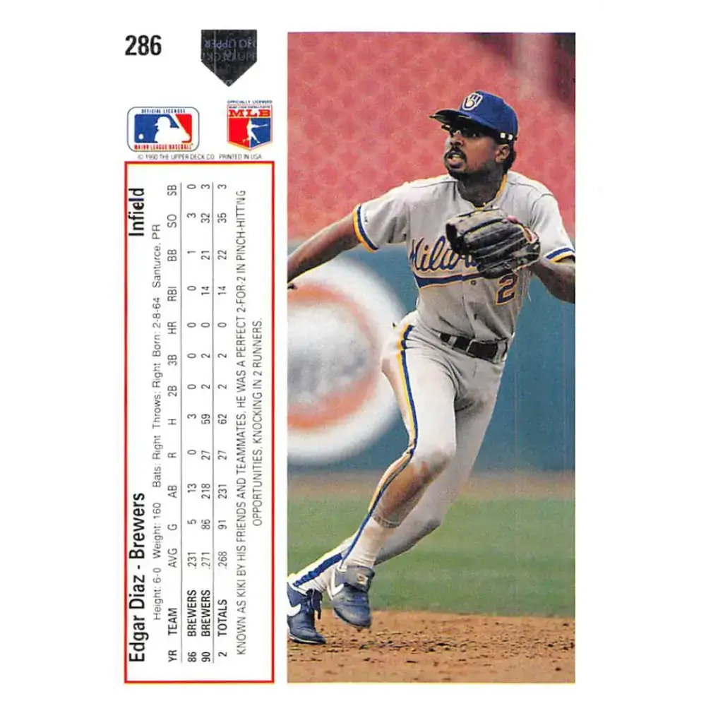 1991 Upper Deck #286 Edgar Diaz NM-MT Milwaukee Brewers Baseball Card - Baseball Card Single