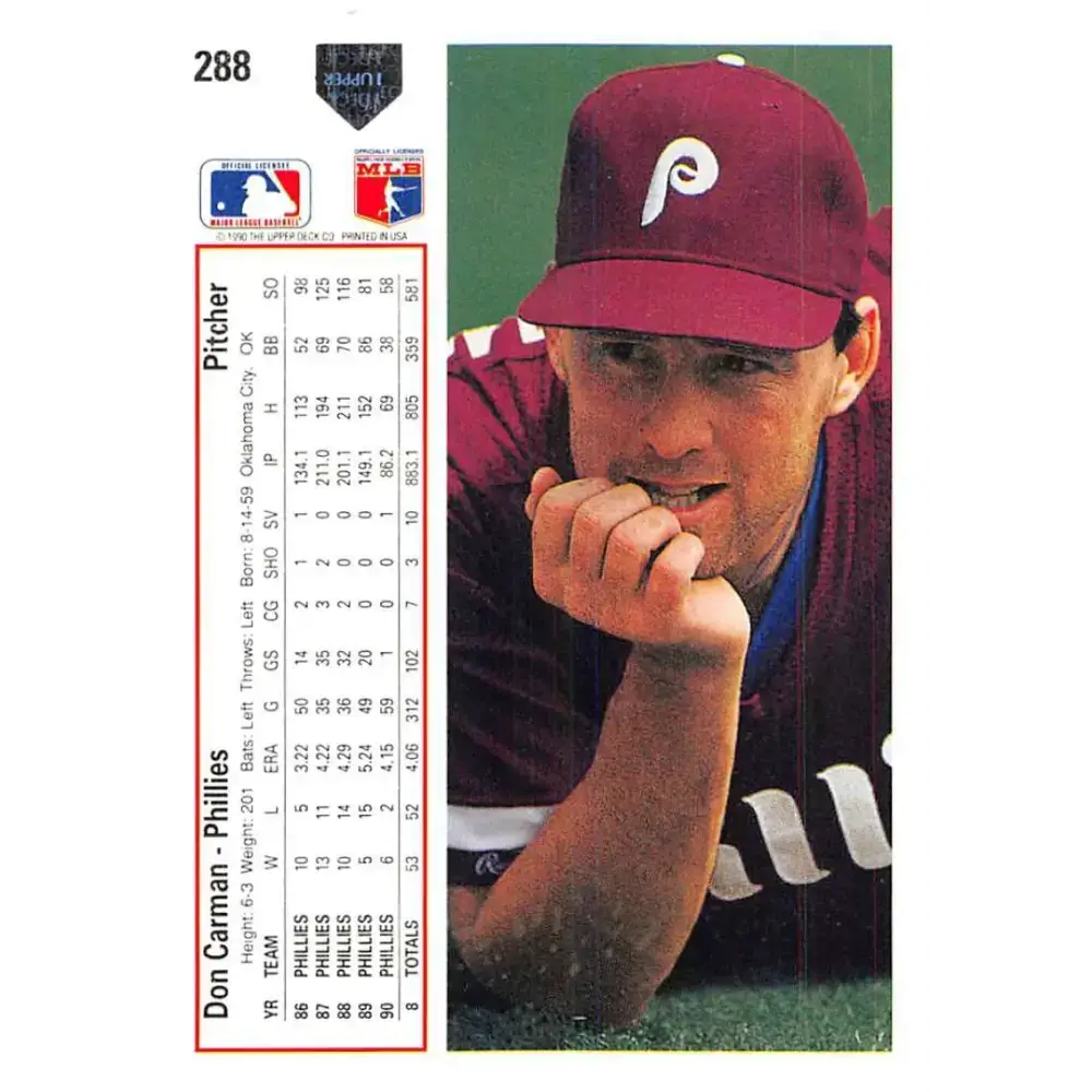 1991 Upper Deck #288 Don Carman EX Excellent Philadelphia Phillies Baseball Card - Baseball Card Single