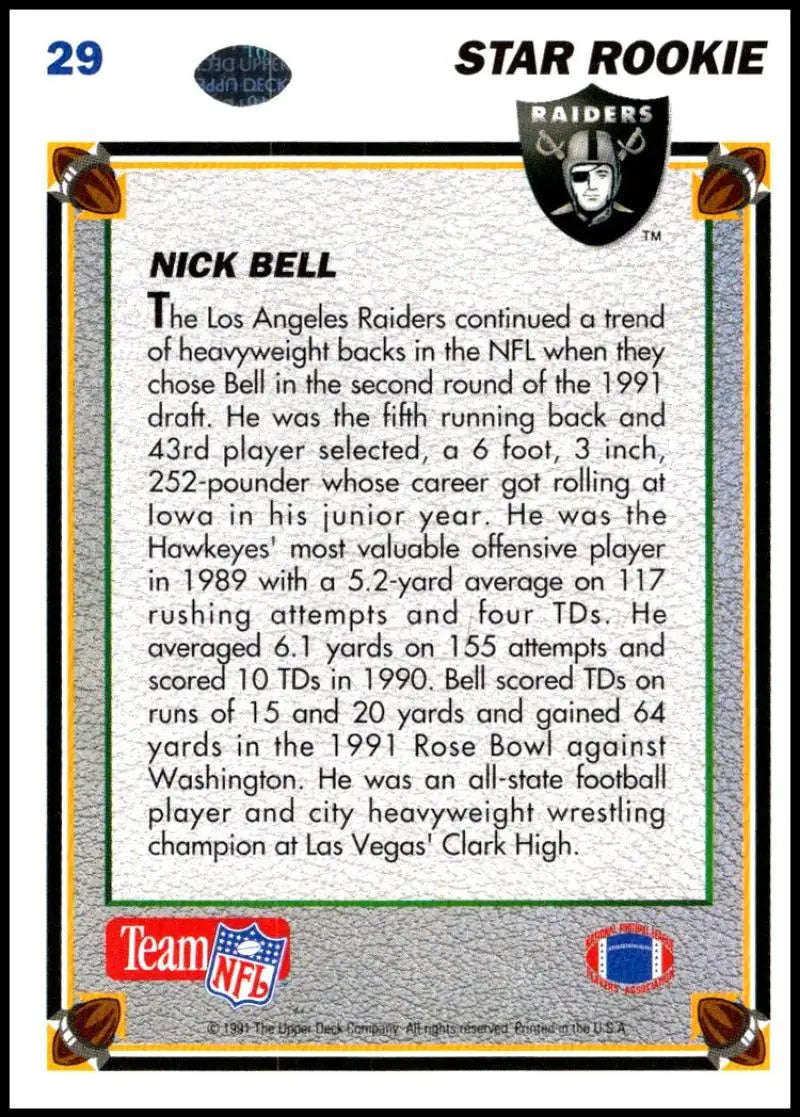 1991 Upper Deck #29 Nick Bell NM-MT RC Rookie Oakland Raiders Football Card - Football Card Single