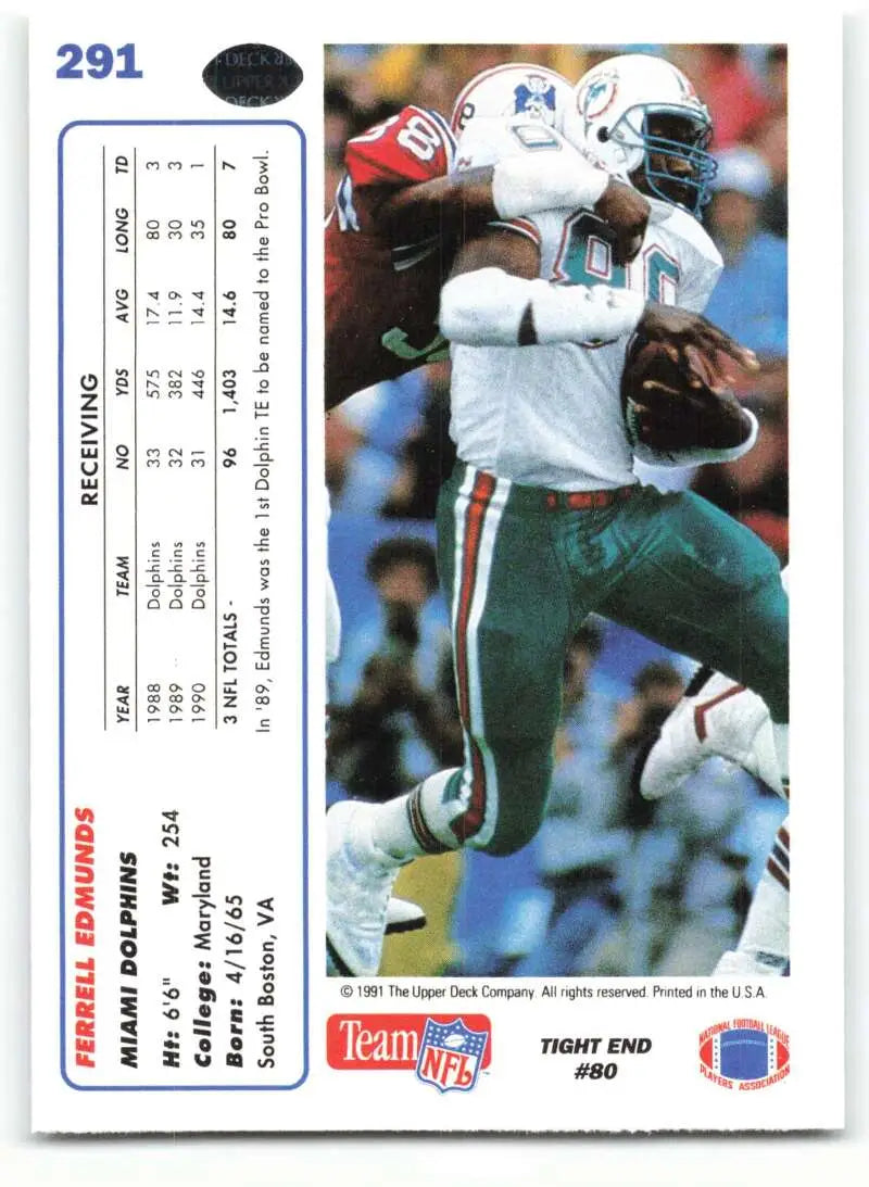 1991 Upper Deck #291 Ferrell Edmunds NM-MT Miami Dolphins Football Card - Football Card Single