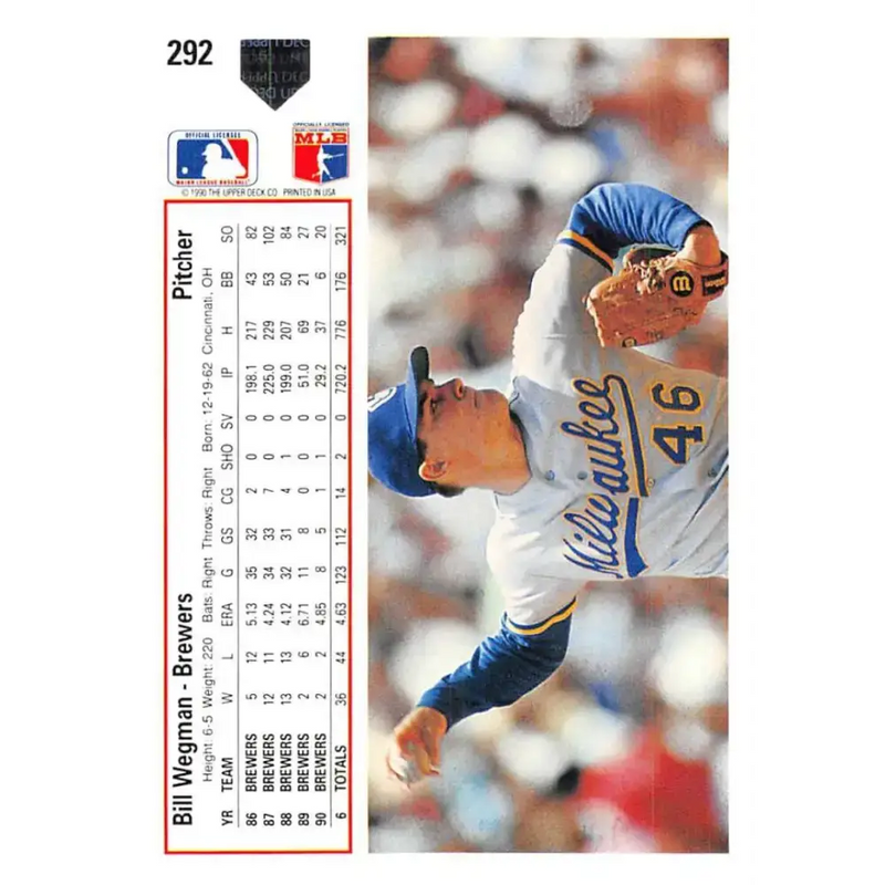 1991 Upper Deck #292 Bill Wegman EX Excellent Milwaukee Brewers Baseball Card - Baseball Card Single