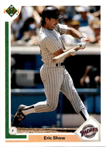 Original gloss 1991 Upper Deck Eric Show Padres baseball card display featuring Simply Sandoval