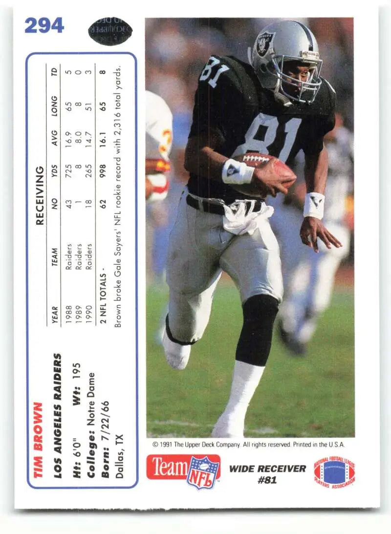 1991 Upper Deck #294 Tim Brown NM-MT Los Angeles Raiders Football Card - Football Card Single
