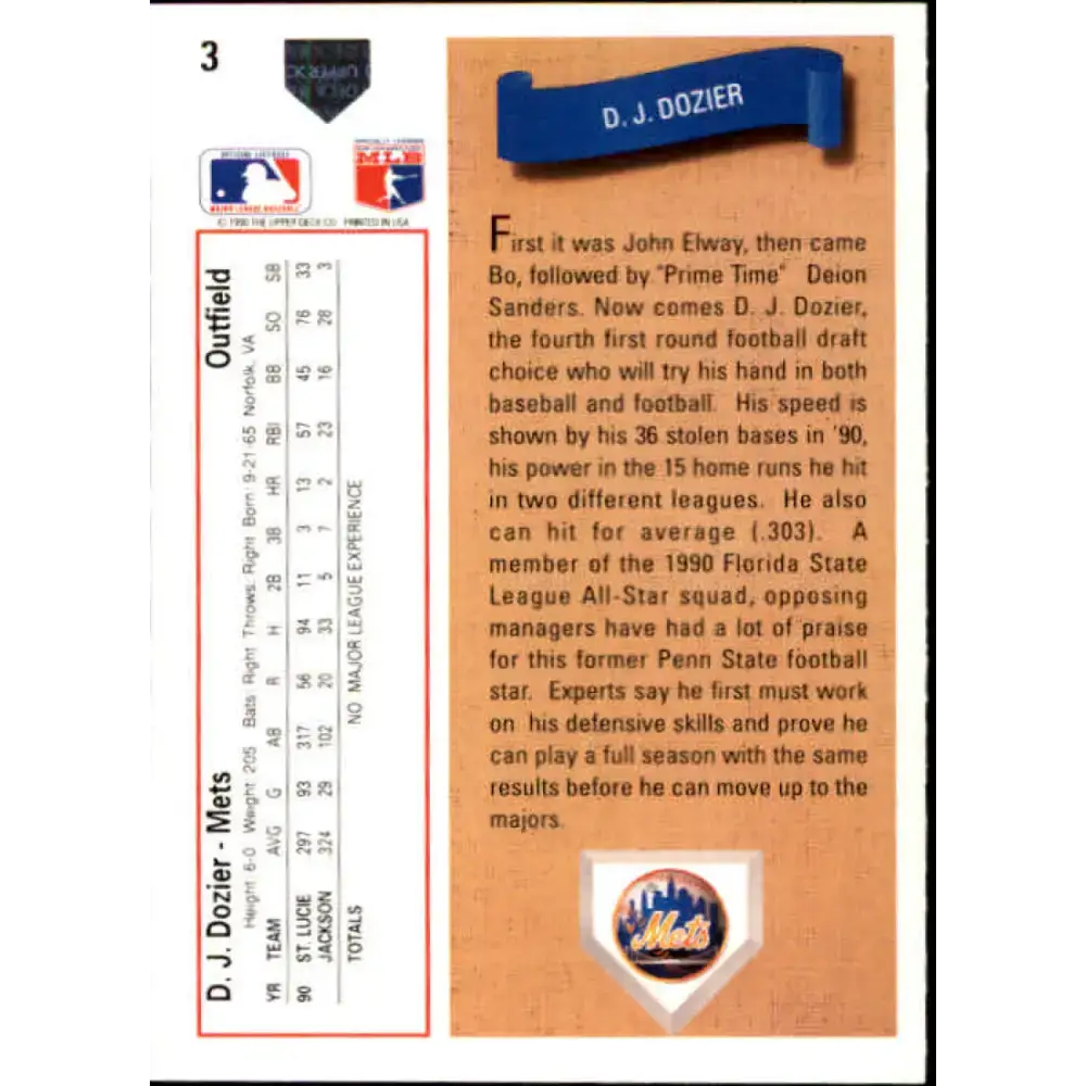 1991 Upper Deck #3 D.J. Dozier EX Excellent New York Mets Baseball Card - Baseball Card Single