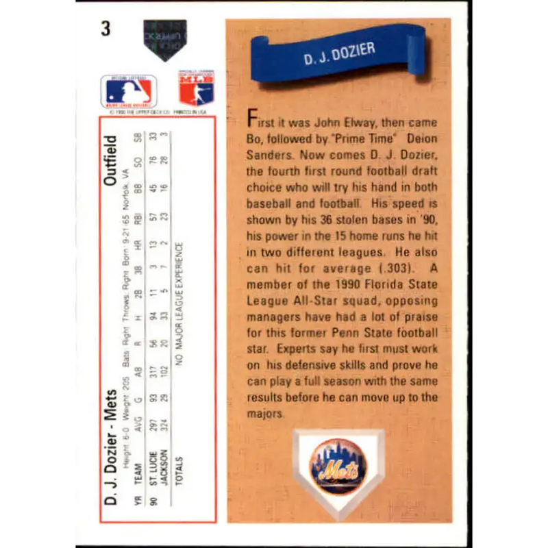 1991 Upper Deck #3 D.J. Dozier EX Excellent New York Mets Baseball Card - Baseball Card Single