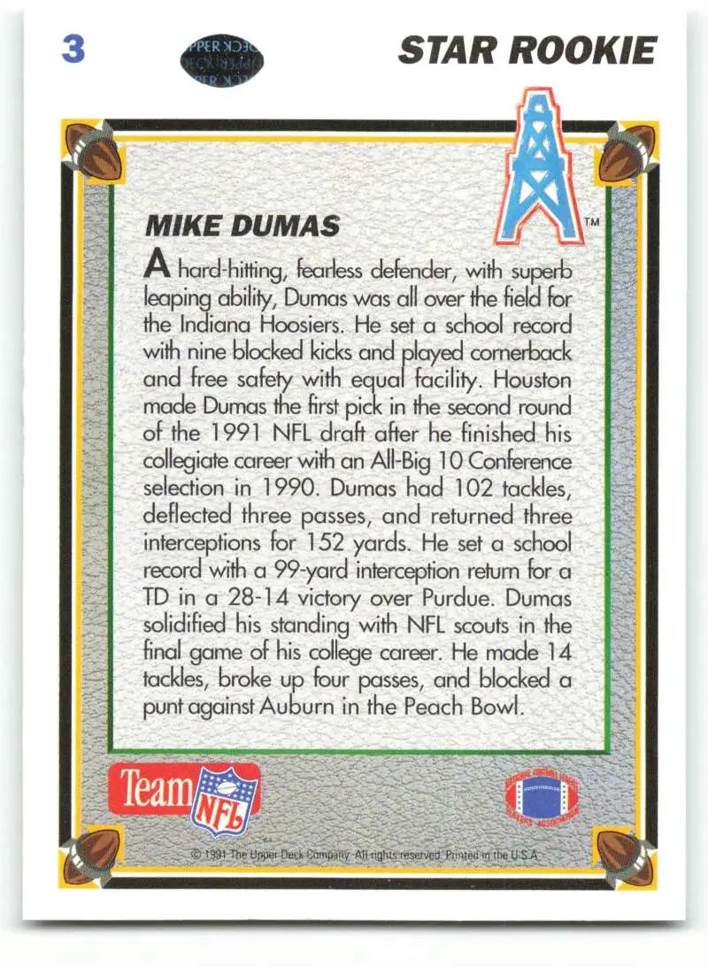 1991 Upper Deck #3 Mike Dumas NM-MT RC Rookie Houston Oilers Football Card - Football Card Single