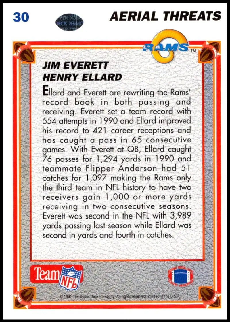 1991 Upper Deck #30 Jim Everett/Henry Ellard NM-MT Los Angeles Rams Football Card - Football Card Single