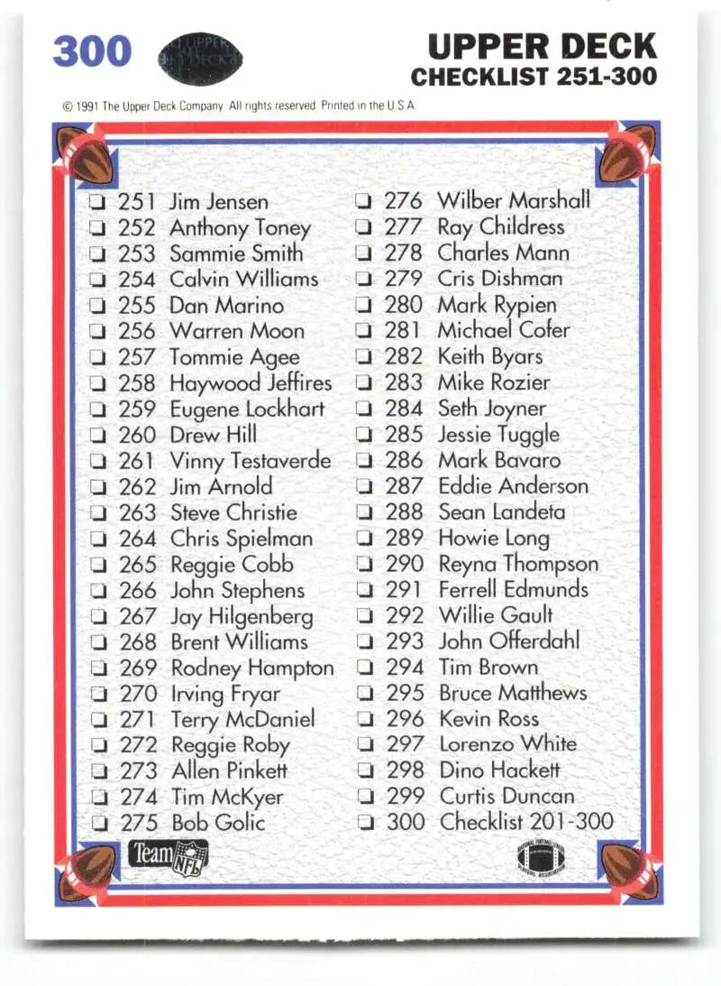 1991 Upper Deck #300 Checklist 201-300 NM-MT Football Card - Football Card Single