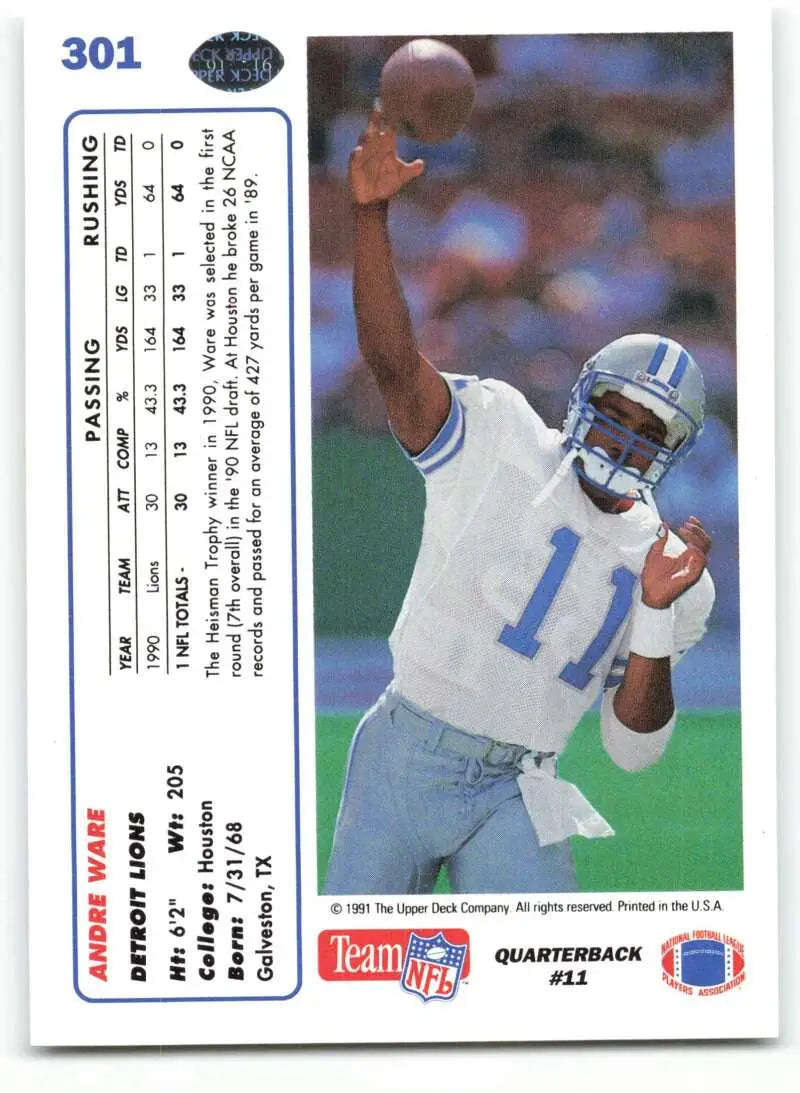 1991 Upper Deck #301 Andre Ware NM-MT Detroit Lions Football Card - Football Card Single