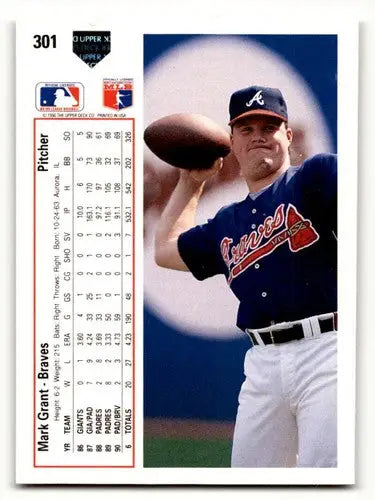 Original gloss baseball card of Mark Grant Atlanta Braves from 1991 Upper Deck