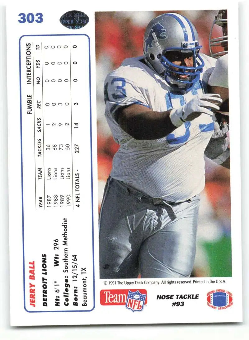 1991 Upper Deck #303 Jerry Ball NM-MT Detroit Lions Football Card - Football Card Single
