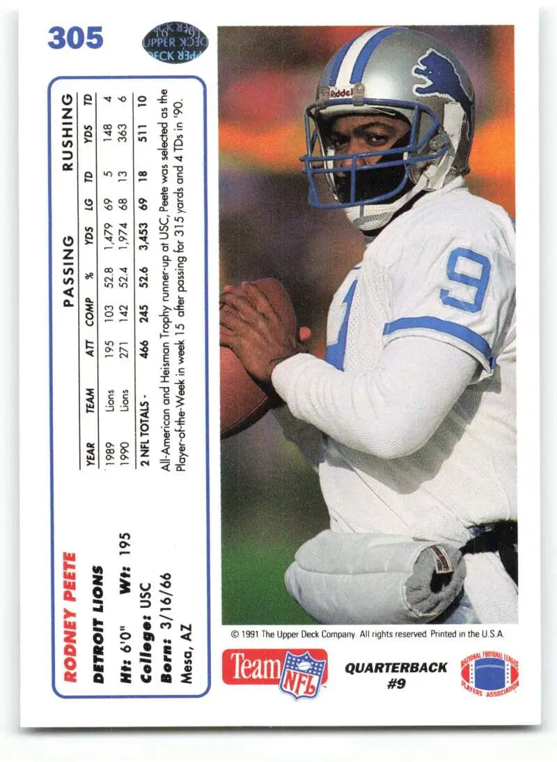 1991 Upper Deck #305 Rodney Peete NM-MT Detroit Lions Football Card - Football Card Single
