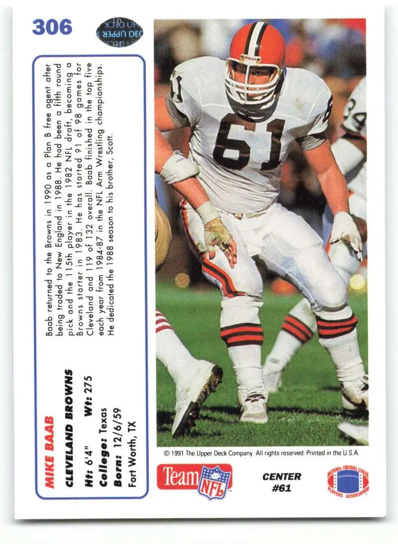 1991 Upper Deck #306 Mike Baab NM-MT Cleveland Browns Football Card - Football Card Single