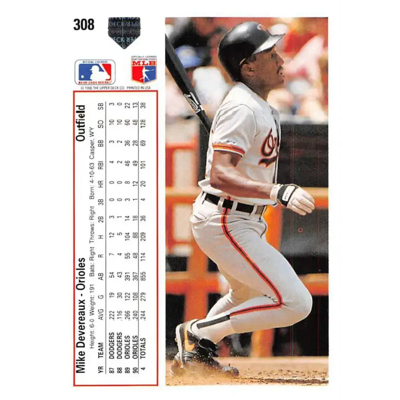 1991 Upper Deck #308 Mike Devereaux EX Excellent Baltimore Orioles Baseball Card - Baseball Card Single