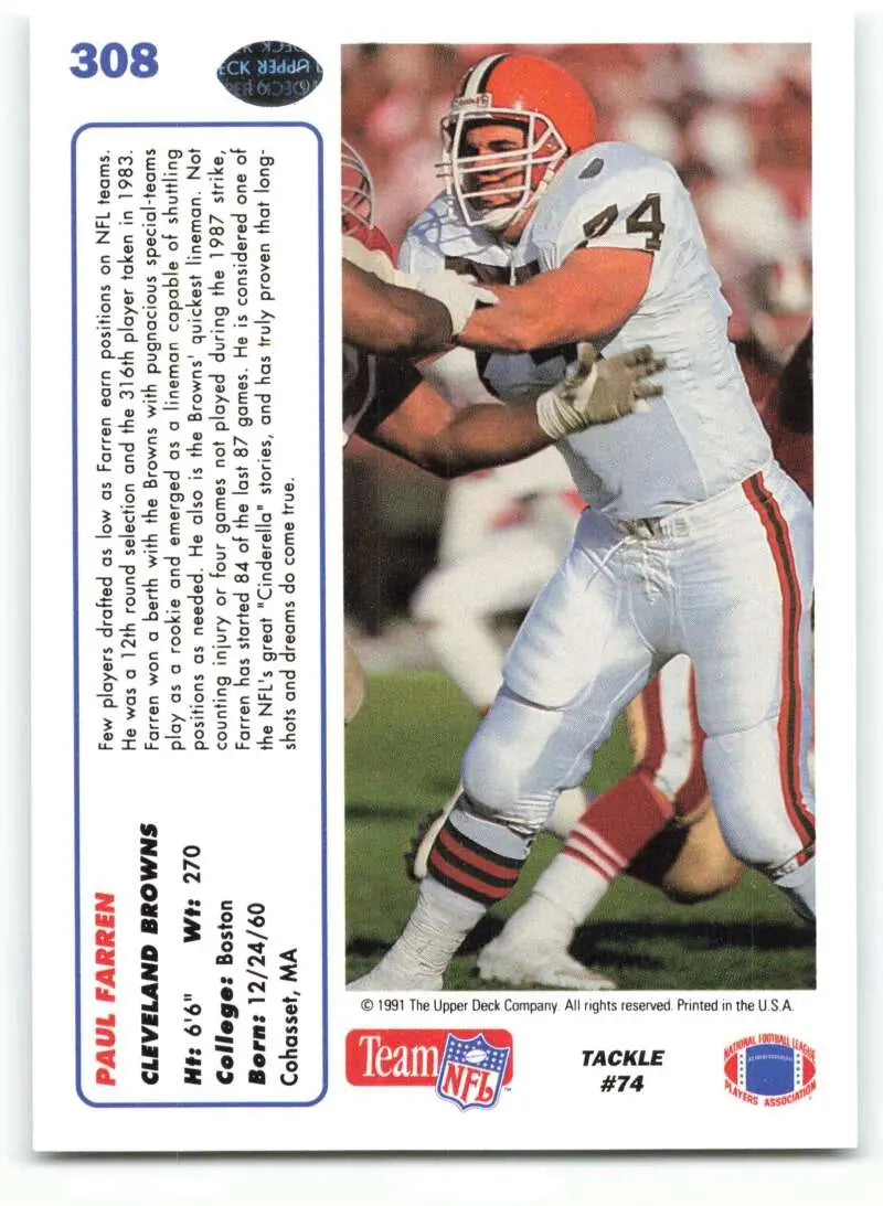 1991 Upper Deck #308 Paul Farren NM-MT Cleveland Browns Football Card - Football Card Single
