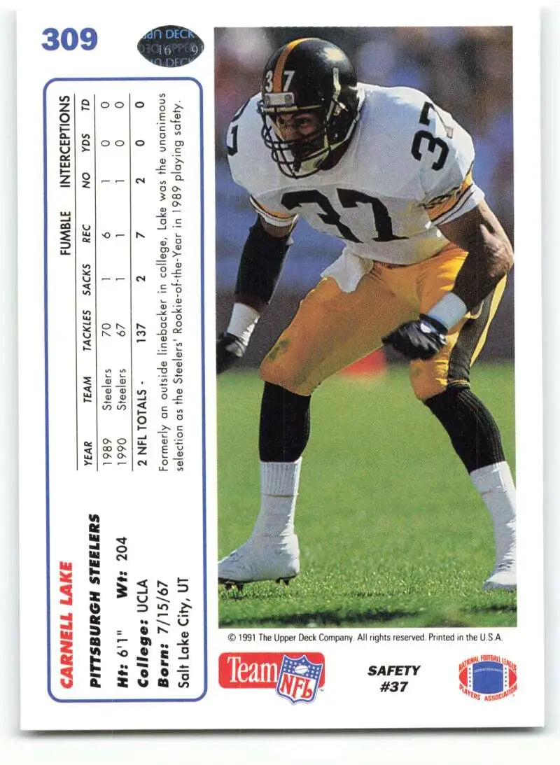 1991 Upper Deck #309 Carnell Lake NM-MT Pittsburgh Steelers Football Card - Football Card Single