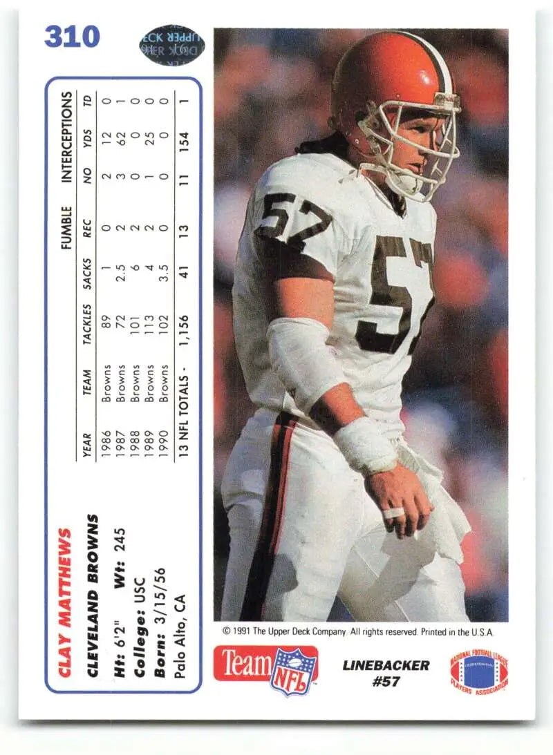 1991 Upper Deck #310 Clay Matthews NM-MT Cleveland Browns Football Card - Football Card Single