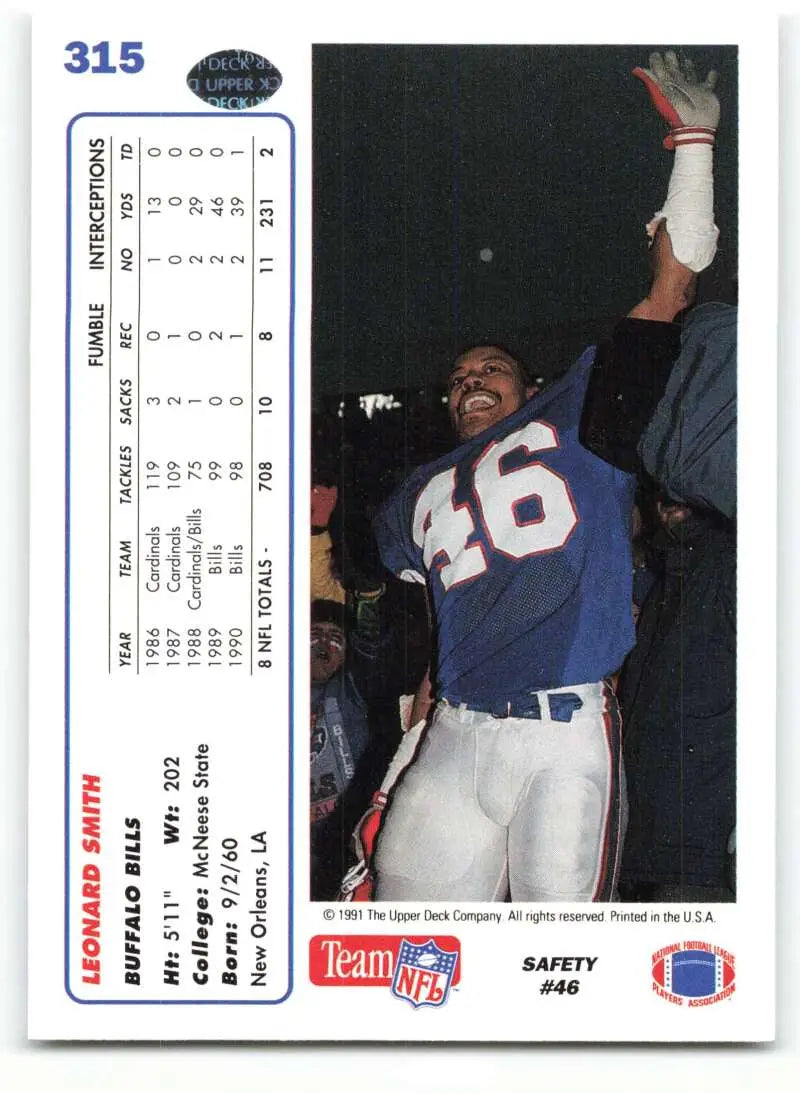 1991 Upper Deck #315 Leonard Smith NM-MT Buffalo Bills Football Card - Football Card Single
