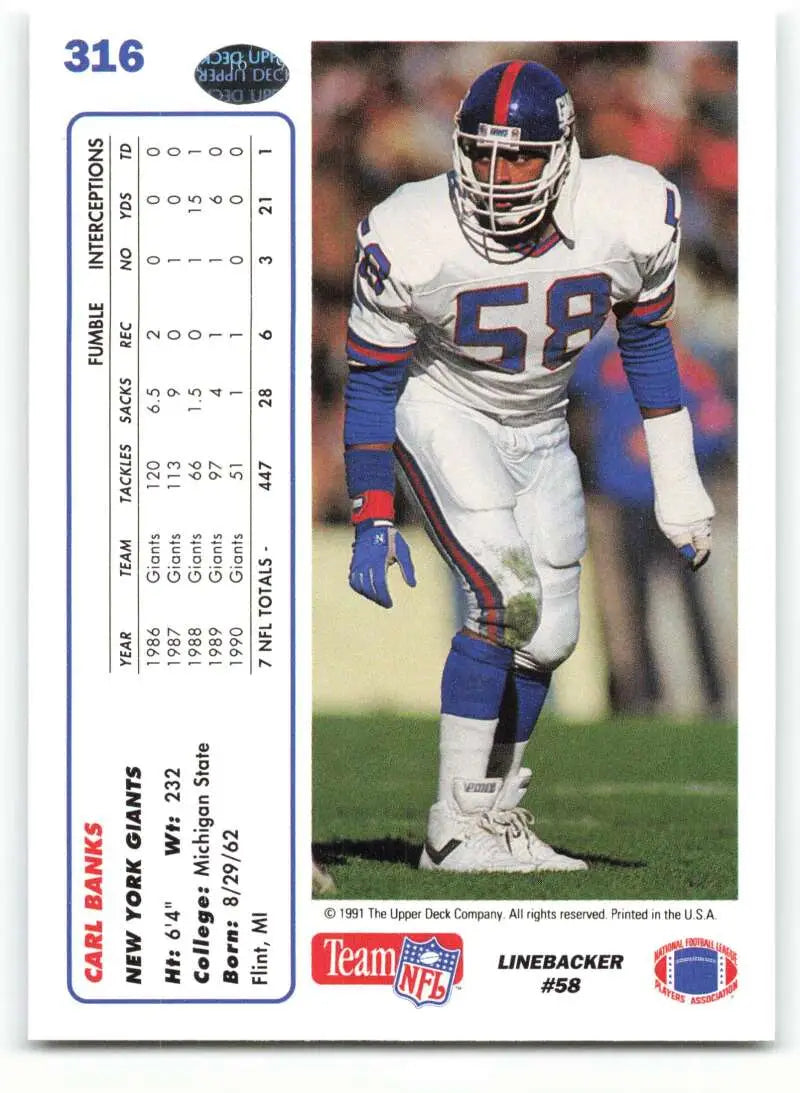 1991 Upper Deck #316 Carl Banks NM-MT New York Giants Football Card - Football Card Single