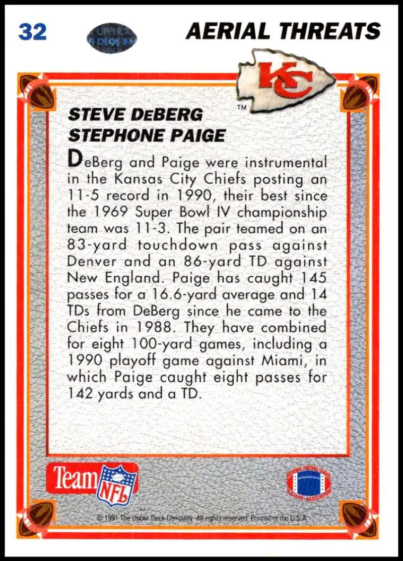 1991 Upper Deck #32 Steve DeBerg/Stephone Paige NM-MT Kansas City Chiefs Football Card - Football Card Single