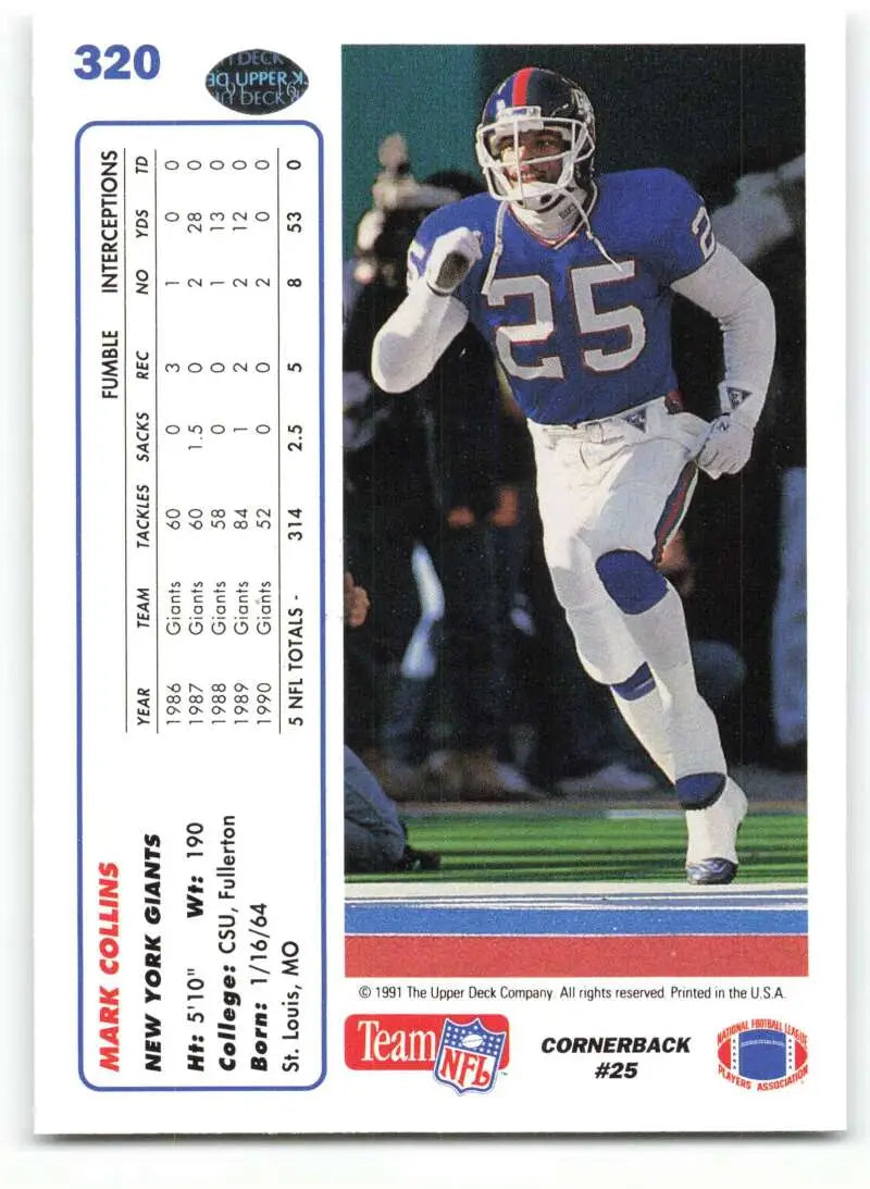1991 Upper Deck #320 Mark Collins NM-MT New York Giants Football Card - Football Card Single