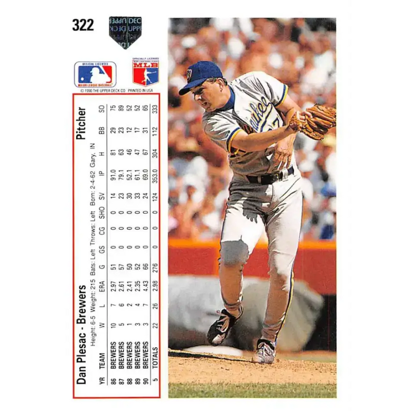 1991 Upper Deck #322 Dan Plesac EX Excellent Milwaukee Brewers Baseball Card - Baseball Card Single