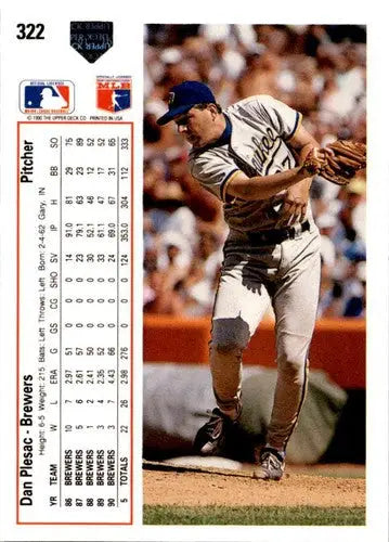 Original gloss baseball card back from 1991 Upper Deck #322 Dan Plesac ID 45666