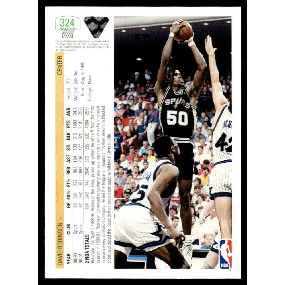 1991 Upper Deck #324 David Robinson NM/MT San Antonio Spurs Basketball Card - Basketball Card Single