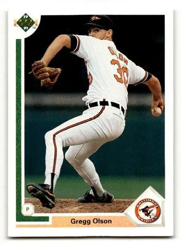 Original gloss Gregg Olson Baltimore Orioles baseball card from 1991 Upper Deck #326