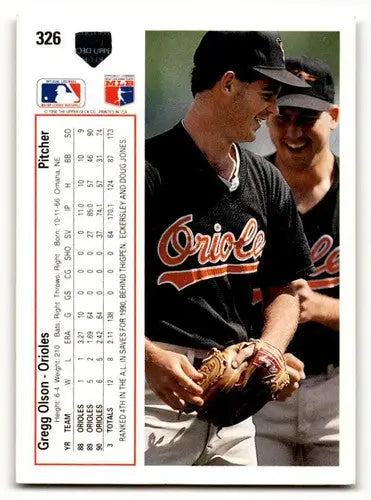 Original gloss 1991 Upper Deck Gregg Olson Baltimore Orioles baseball card image