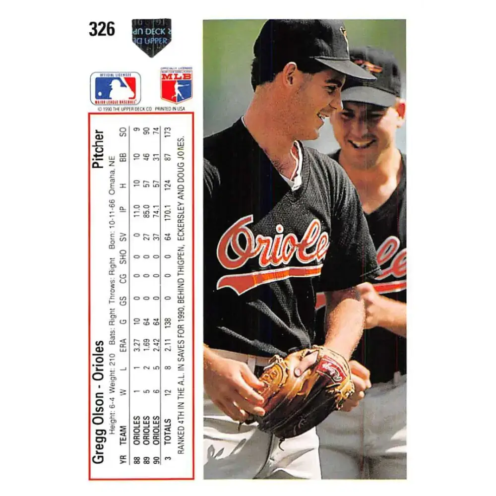 1991 Upper Deck #326 Gregg Olson EX Excellent Baltimore Orioles Baseball Card - Baseball Card Single
