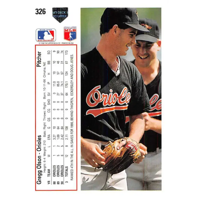 1991 Upper Deck #326 Gregg Olson EX Excellent Baltimore Orioles Baseball Card - Baseball Card Single
