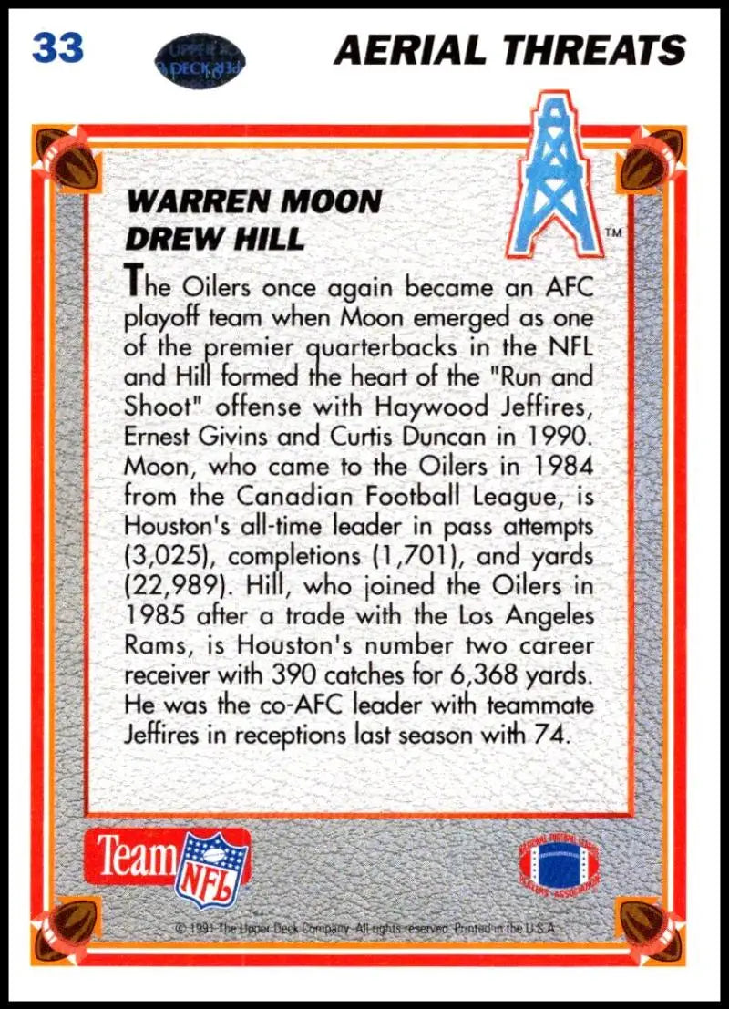1991 Upper Deck #33 Warren Moon/Drew Hill NM-MT Houston Oilers Football Card - Football Card Single
