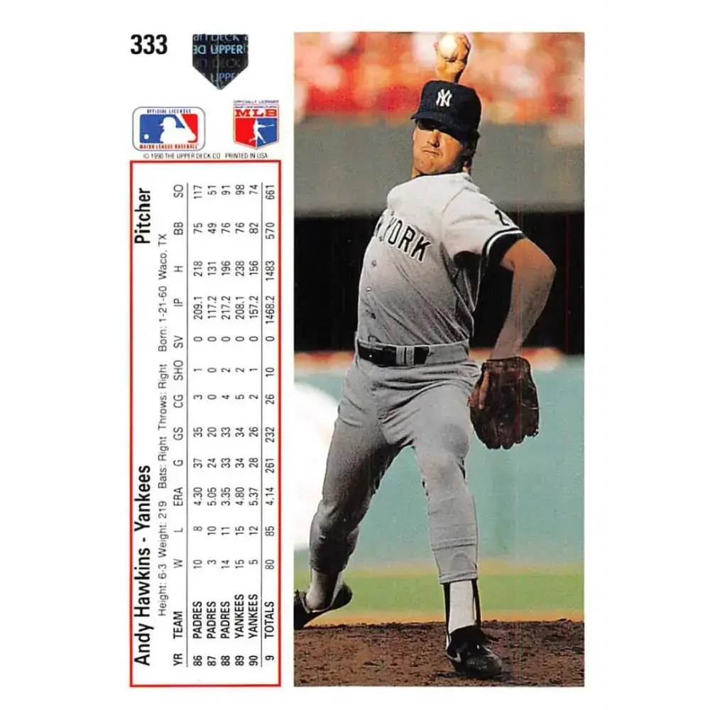 1991 Upper Deck #333 Andy Hawkins EX Excellent New York Yankees Baseball Card - Baseball Card Single