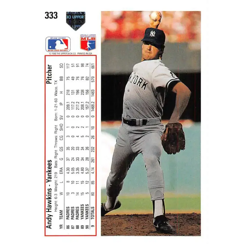 1991 Upper Deck #333 Andy Hawkins EX Excellent New York Yankees Baseball Card - Baseball Card Single