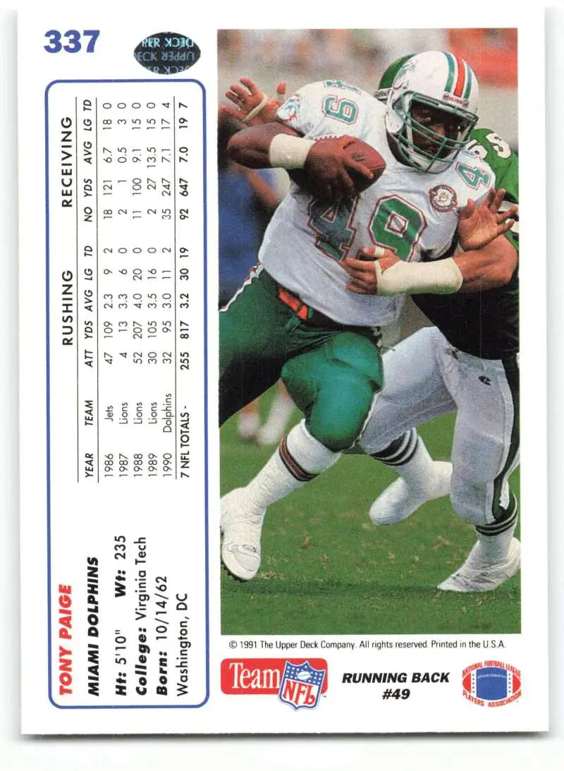 1991 Upper Deck #337 Tony Paige NM-MT Miami Dolphins Football Card - Football Card Single