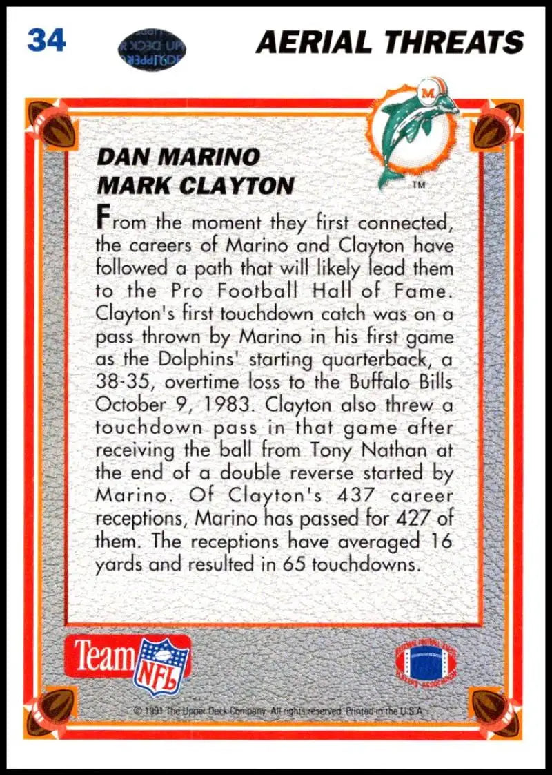 1991 Upper Deck #34 Dan Marino/Mark Clayton NM-MT Miami Dolphins Football Card - Football Card Single