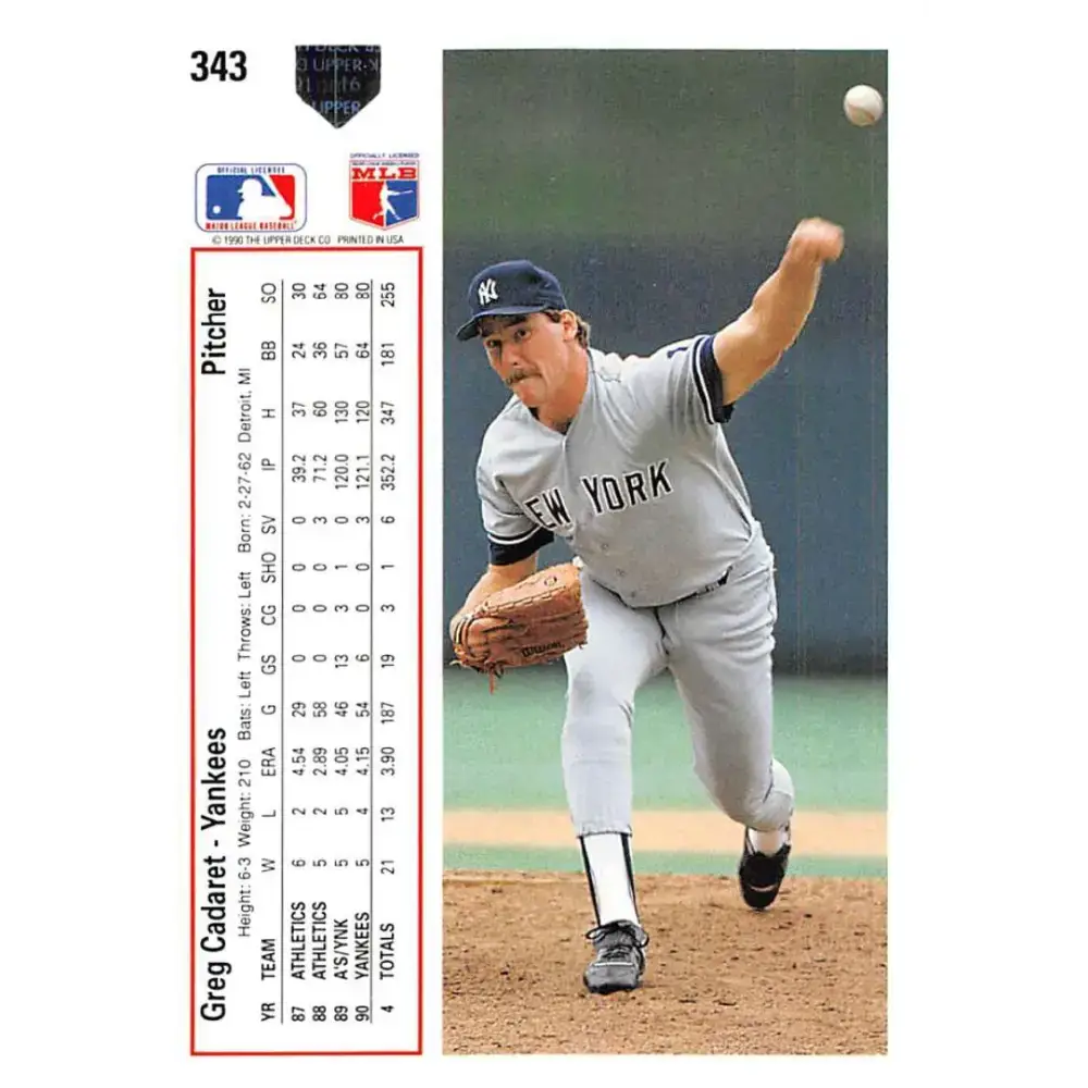 1991 Upper Deck #343 Greg Cadaret EX Excellent New York Yankees Baseball Card - Baseball Card Single